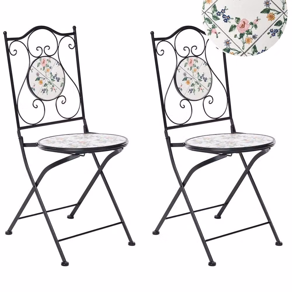 Wyld and Coco Set of 2 Black Mosaic Ceramic and Metal Folding Garden Chairs – 2