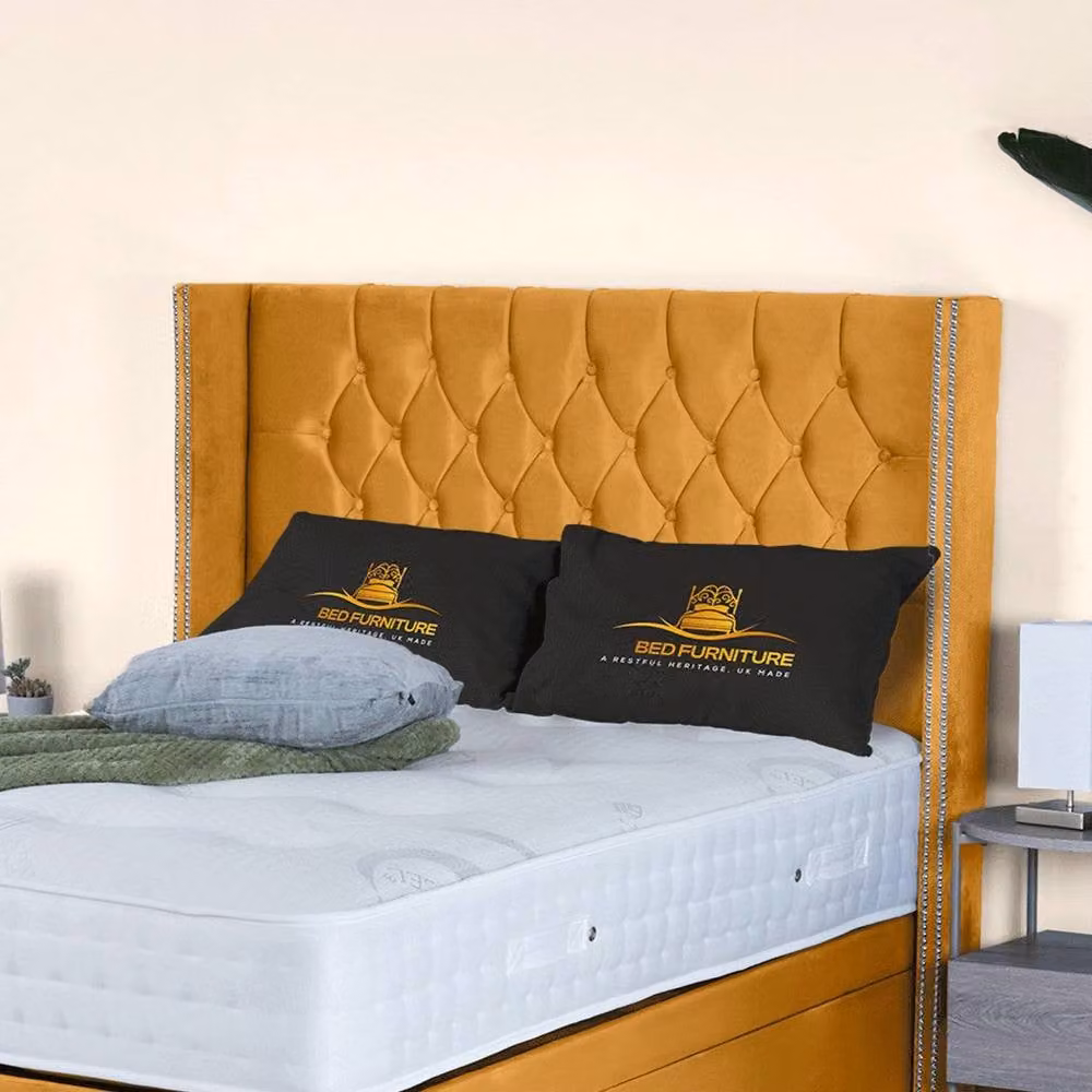UK Bed Furniture Francesca End Lift Divan Ottoman Bed with 54 Inch Diamond Headboard in Yellow Velvet, W/D/H: 90 x 190 cm – 2