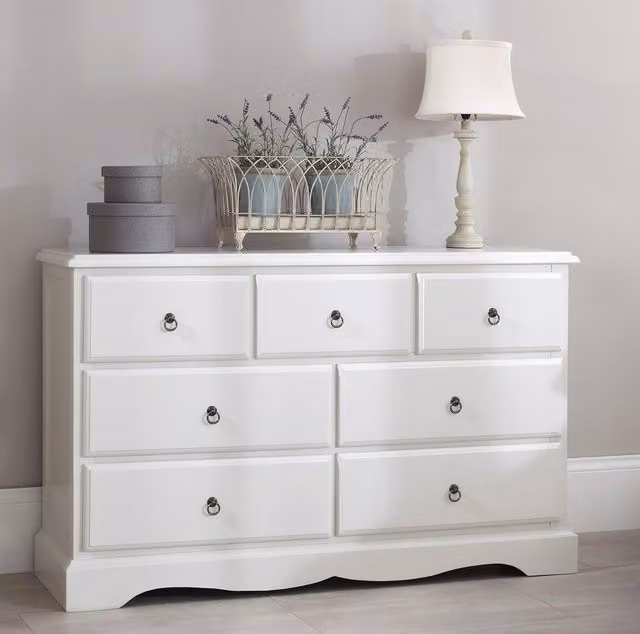 Romance 3 over 4 Chest of Drawers in Antique White with Metal Loop Handles