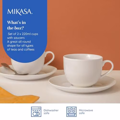 Mikasa White Porcelain Teacup and Saucer Set of 2, 220ml – 4