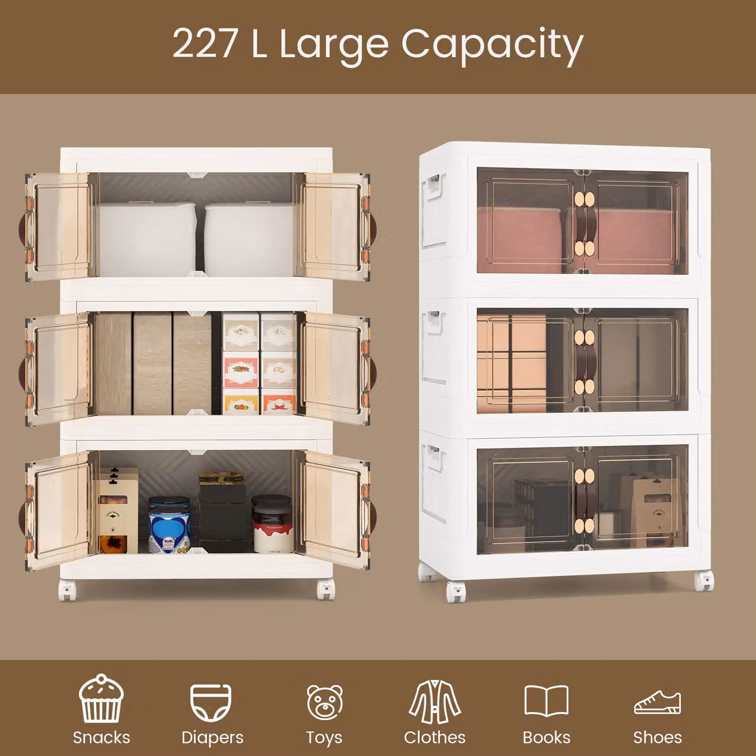 Costway Stackable Folding PP Storage Cabinet with Lockable Wheels, 3 Pack, White – 4