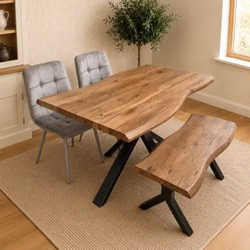 KOSY KOALA 4 Seater Dining Set with X-Frame Live Edge Style Table, 2 Grey Velvet Chairs and Bench, Brown and Grey