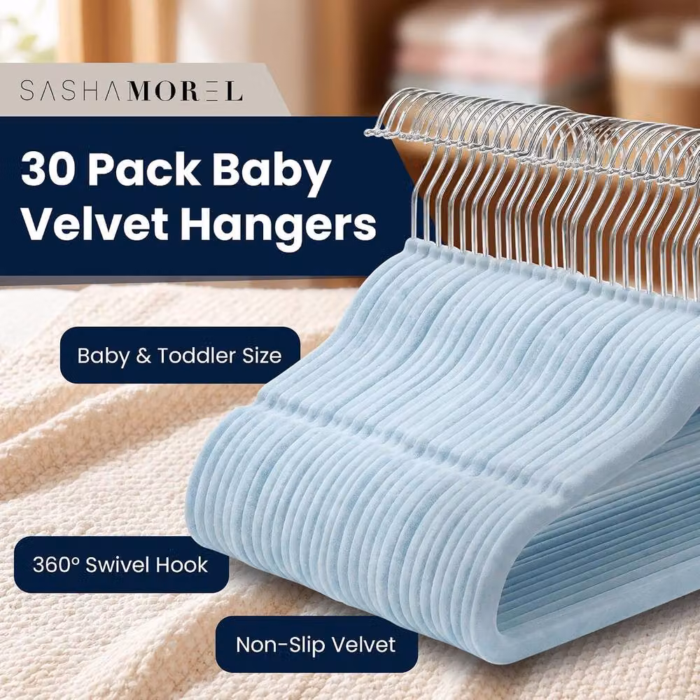 Sasha Morel Blue Velvet Baby Clothes Hangers with Swivel Hooks, 30 Pack – 2