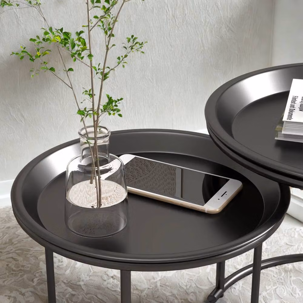 FURNOS Set of 2 Modern Round Metal Nesting Side Tables in Black – 4