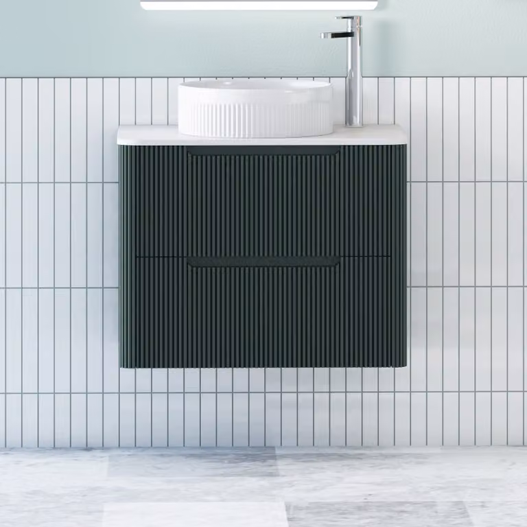 Royal Bathrooms Avenza Wall Hung Vanity Unit in Moss Green with 2 Drawers, Plain White Worktop and Round Basin