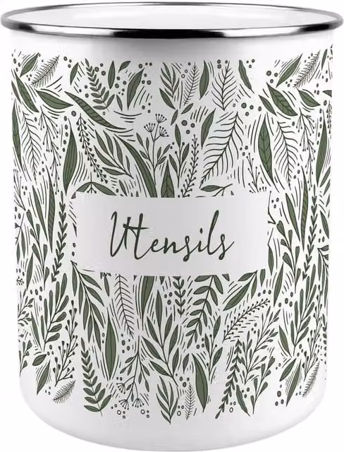 Purely Home Green Leaves Kitchen Utensil Holder in Green and White Metal