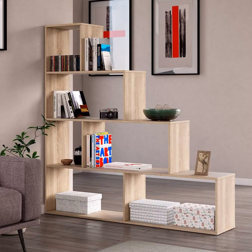 CALICOSY Klum 6-Compartment Staircase Shelf in Light Oak, Height: 145 cm – 2