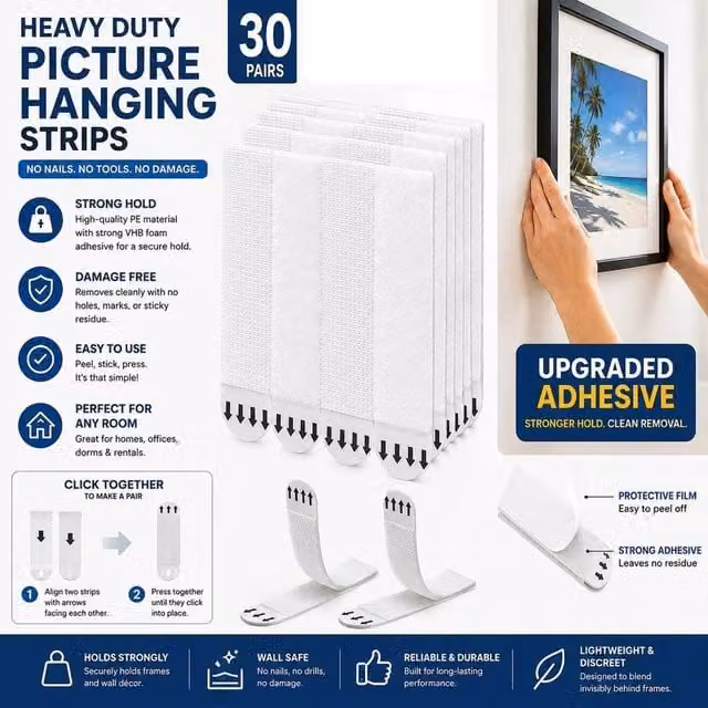 ATEK White Damage Free Picture Hanging Strips Large Value Pack for Mirrors and Wall Decor, 30 Pairs – 1