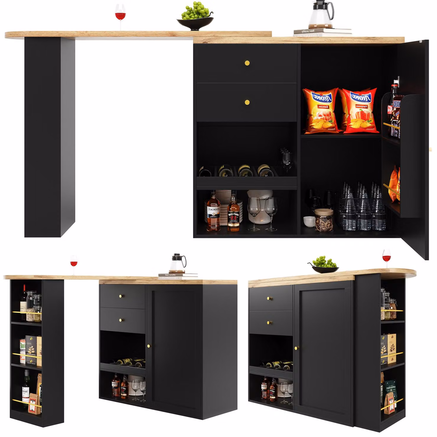 Aosom Black and Gold 360 Swivelling Bar Table with Multi-Tiered Side Shelves, 2 Drawers and Storage Cabinet, W: 39 cm, D: 39 cm, H: 104 cm – 7