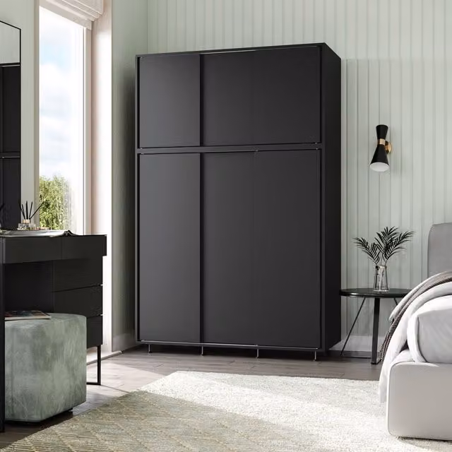 URBNLIVING Modern Black Sliding Door Wardrobe with Hanging Rail, W/D/H: 120 x 51.5 x 180 cm