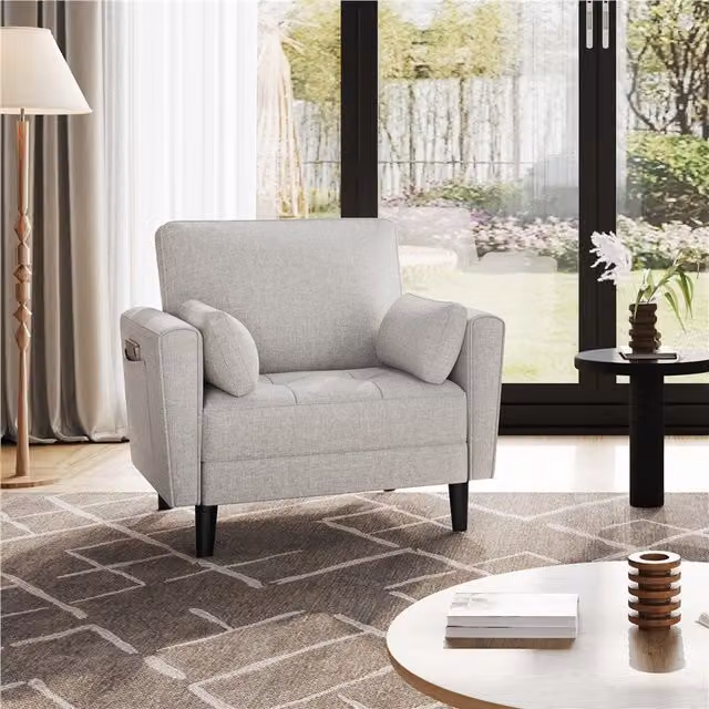 Yaheetech Modern Upholstered Armchair with Armrests and Solid Wood Frame in Beige, White or Grey