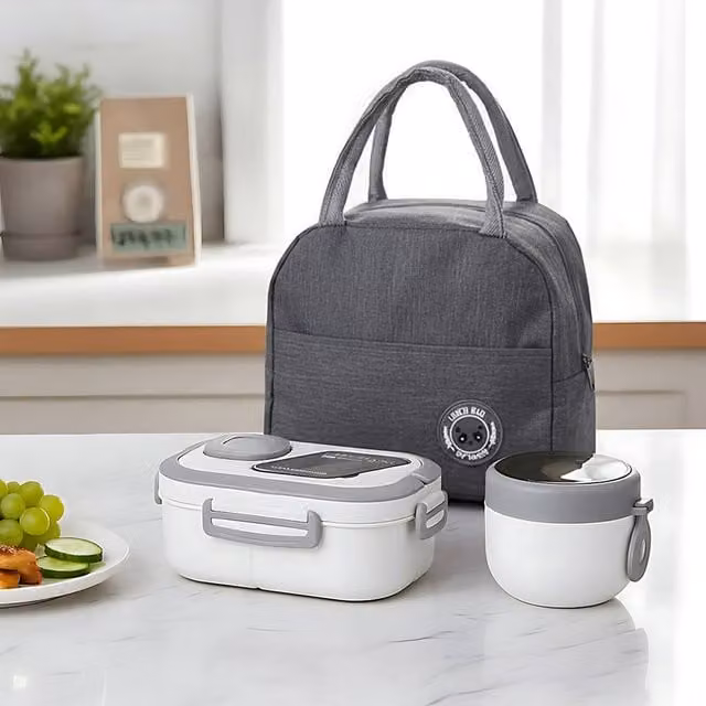 Living and Home Portable Insulated Lunch Box Set with Dividers and Cutlery in White – 1