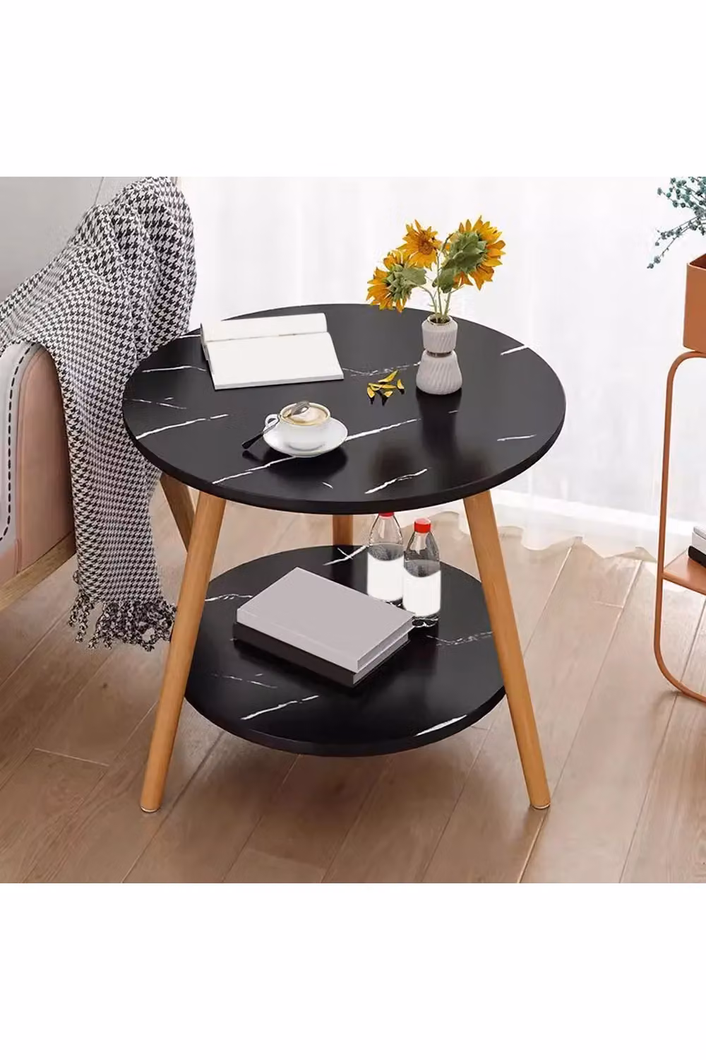 Living and Home Double-Tier Round Wooden Side Table in Black, W/D/H: 50 x 50 x 50 cm – 3