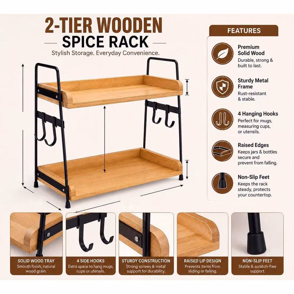 KORVIXA Industrial Freestanding Kitchen Cupboard Shelf Organiser and Spice Rack in Brown and Beige with Wood and Metal Construction W/D/H: 100 x 100 x 2 cm – 2