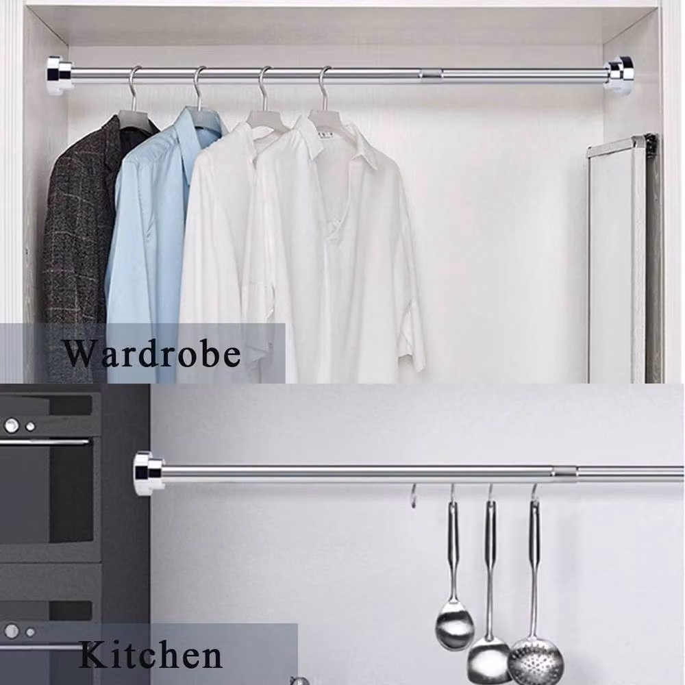 FLAVORA 2-Piece Silver Stainless Steel Telescopic Shower Curtain Rails with Tension Clamp – 3