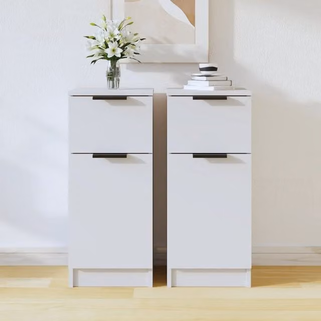 Berkfield Home Set of 2 White Minimalist Sideboards in Matt Engineered Wood W/D/H: 30 x 30 x 70 cm