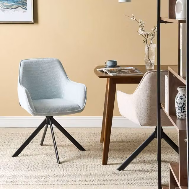 Wyld and Coco Swivel Dining Chair with Armrests in Light Blue Faux-Linen Fabric