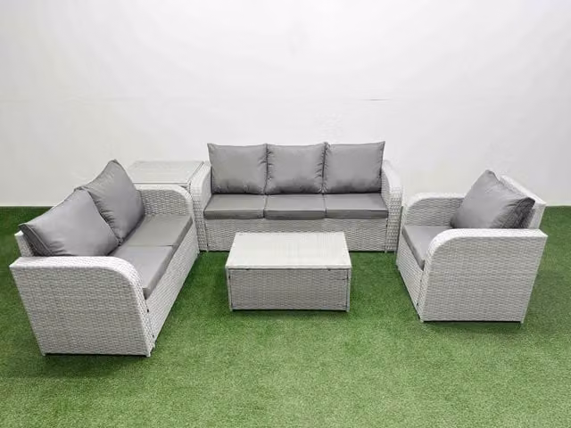 Fimous Patio 6 Seater Grey PE Wicker Rattan Outdoor Furniture Set with Rectangular Coffee Table, Reclining Chair, Loveseat, 3 Seater Sofa and Side Table