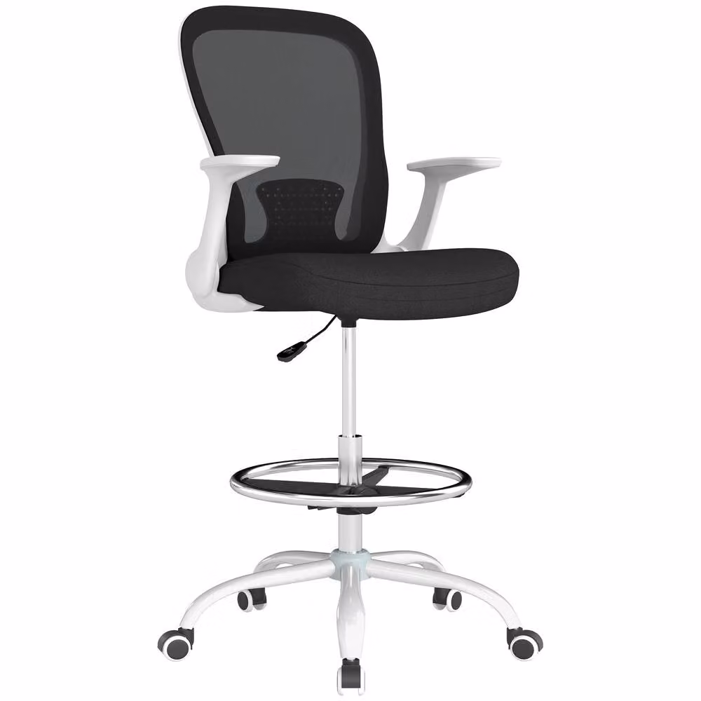 STILVORA Black Draughtsman Chair with Flip-up Armrests, Foot Ring and 360 Degree Swivel – 4