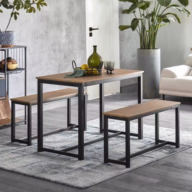SoBuy Modern Industrial Dining Set with Table and 2 Benches in Brown and Black