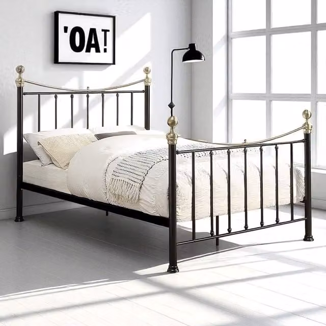 OAT Home Classic Lacquered Metal Bed Frame in Black and Gold, W/D/H: 140 x 200 cm
