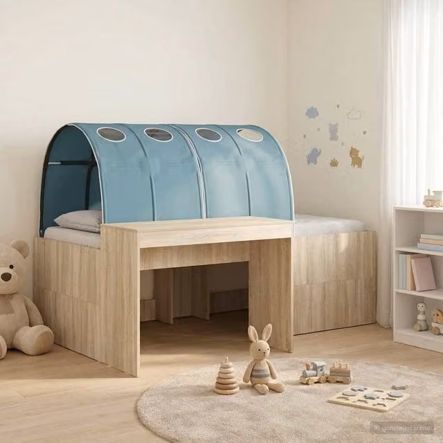 Berkfield Home 3-Piece Bed with Tunnel and Lift-Up Base in Sonoma Oak and Light Blue Fabric