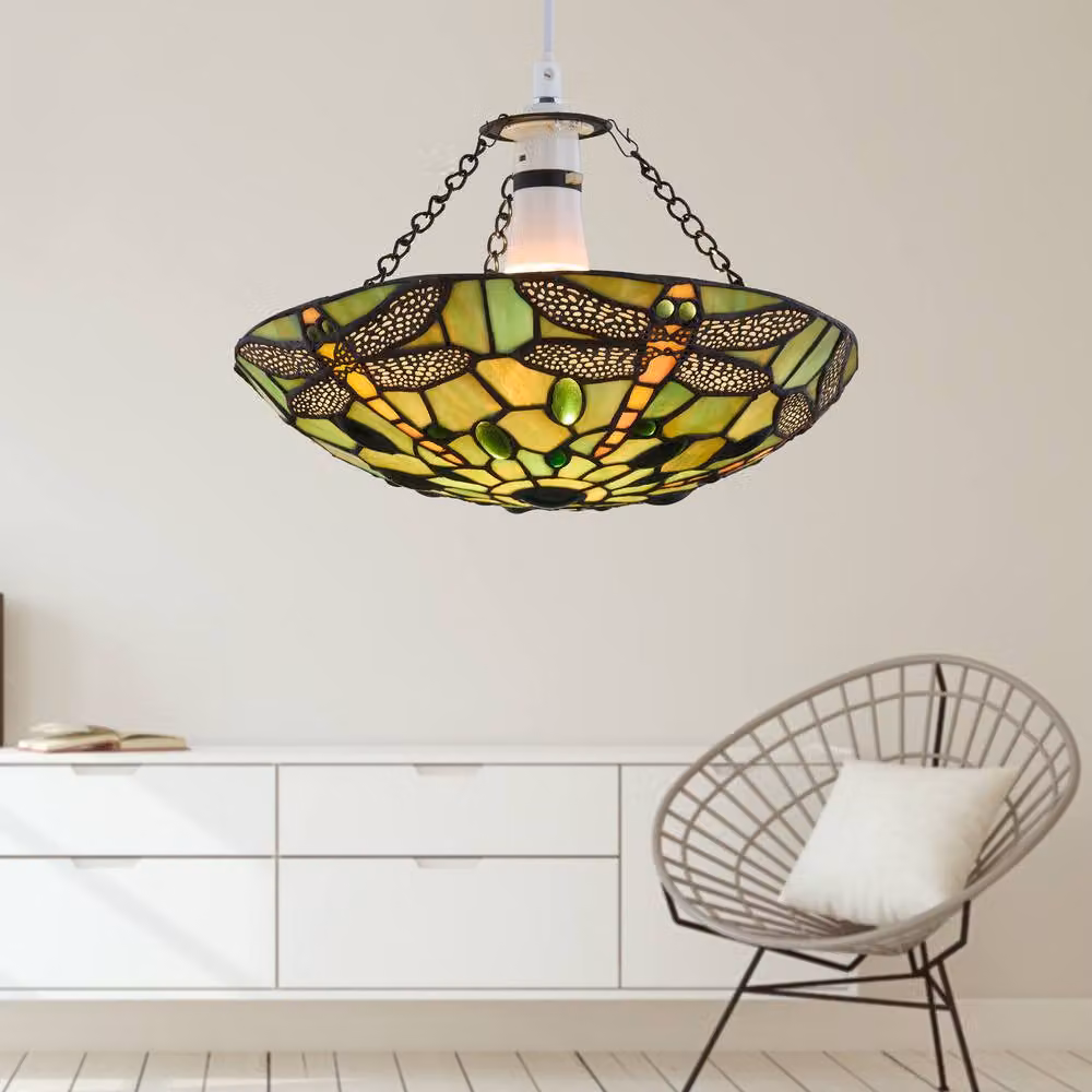 First Choice Lighting Laurel Green Tiffany Dragonfly Glass Easy Fit Pendant Shade, Multicolour, Diameter: 30 cm – 3