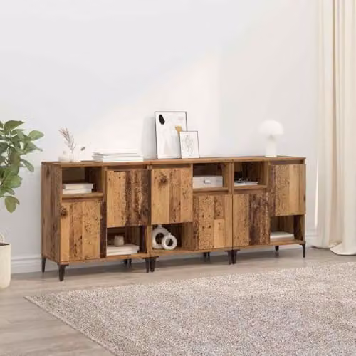vidaXL Set of 3 Modern Rectangular Sideboards in Old Wood Brown, Engineered Wood and Metal, W/D/H: 60 x 35 x 70 cm – 2