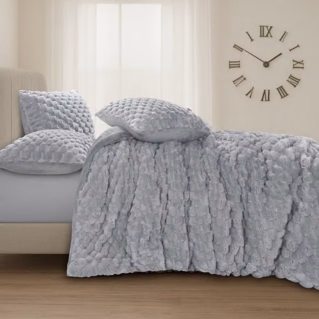 VELOSSO Reversible Silver Grey Teddy Fleece Winter Duvet Cover Set