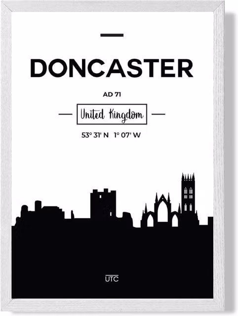 ARTZE Doncaster Black and White City Skyline Framed Print, White Frame, A2 – 1