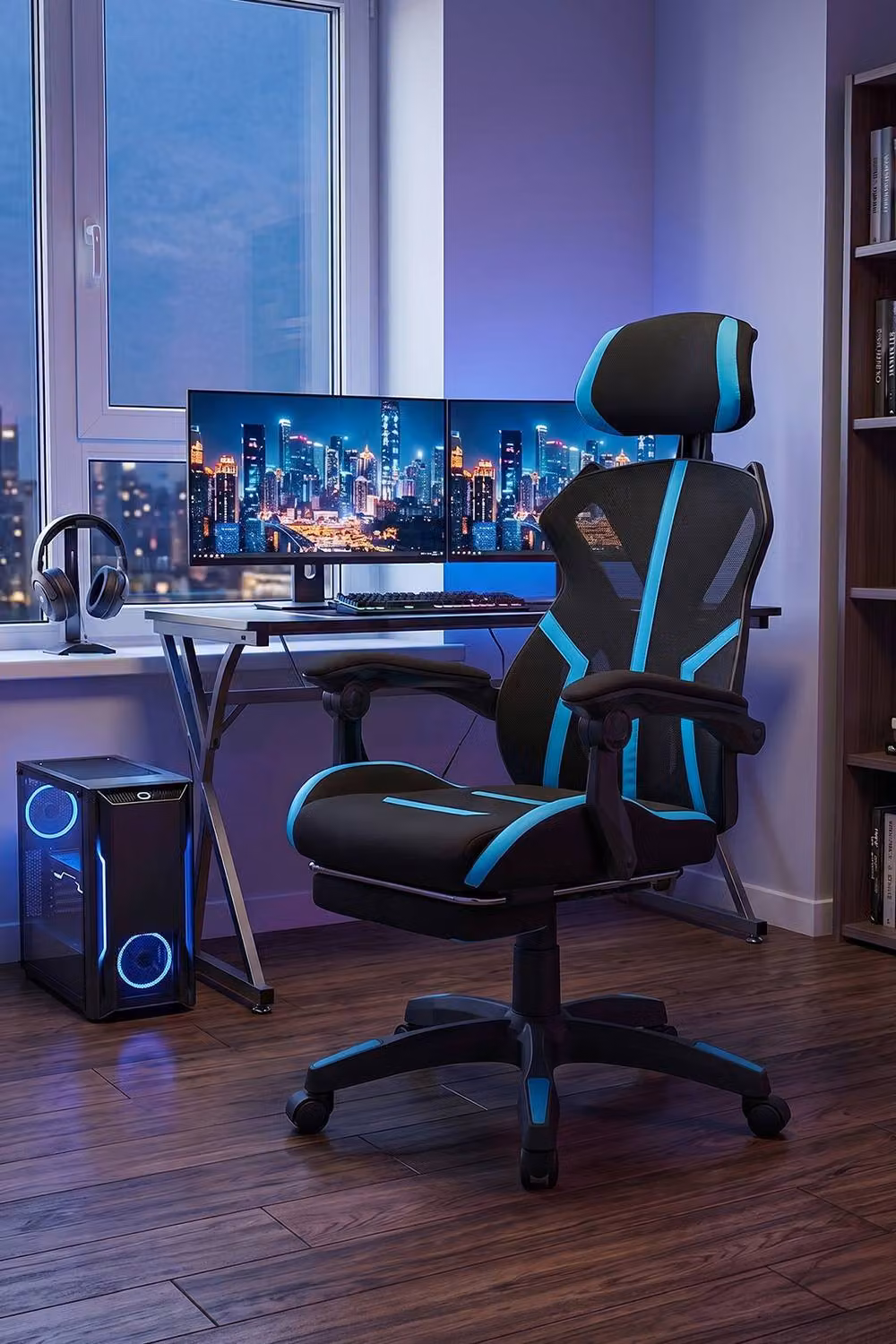 Living and Home Ergonomic High Back Gaming Office Chair with Footrest and Headrest in Blue and Black – 2