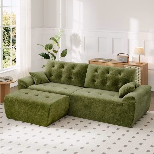 Dprodo Green Chenille 4 Seater L-Shaped Modular Sectional Sofa with Matching Ottoman and Scatter Cushions, Width: 275 cm – 1