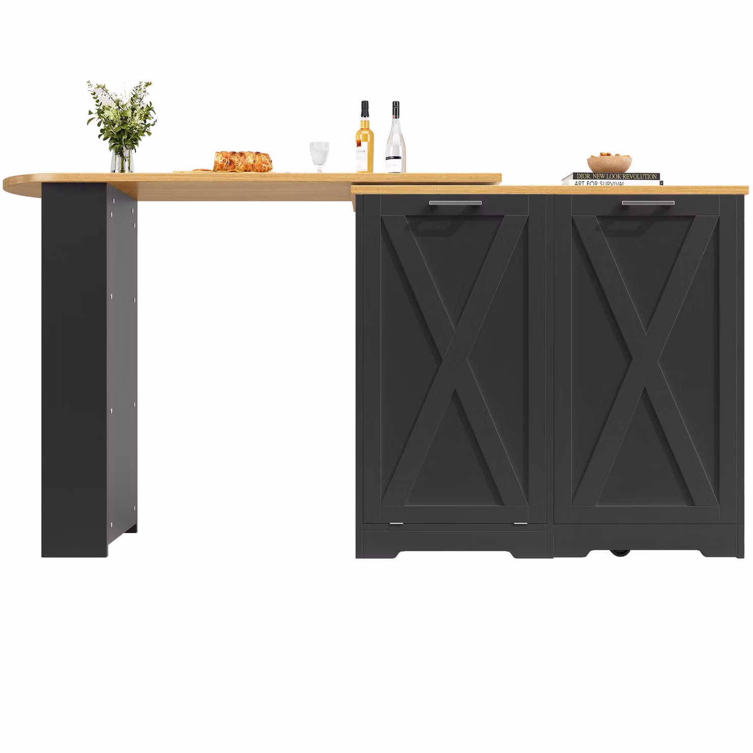 Aosom UK 360 Rotating Kitchen Island with Folding 3D Textured Doors and Side Shelves in Black, W: 138 cm, D: 38 cm, H: 105.5 cm – 9