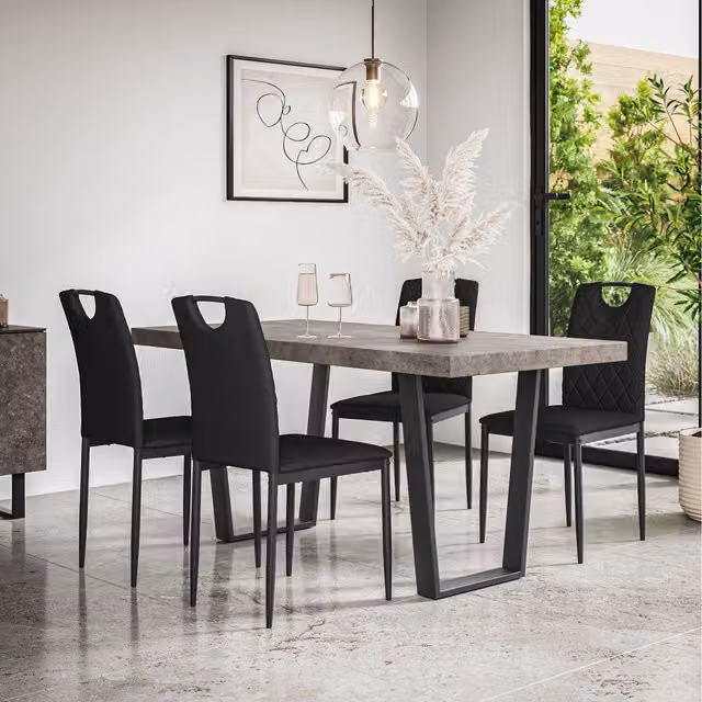 More4Homes Aria Dining Table and 6 Monza Faux Leather Chairs in Concrete Effect Grey and Black, H: 76 cm, W: 160 cm, D: 80 cm