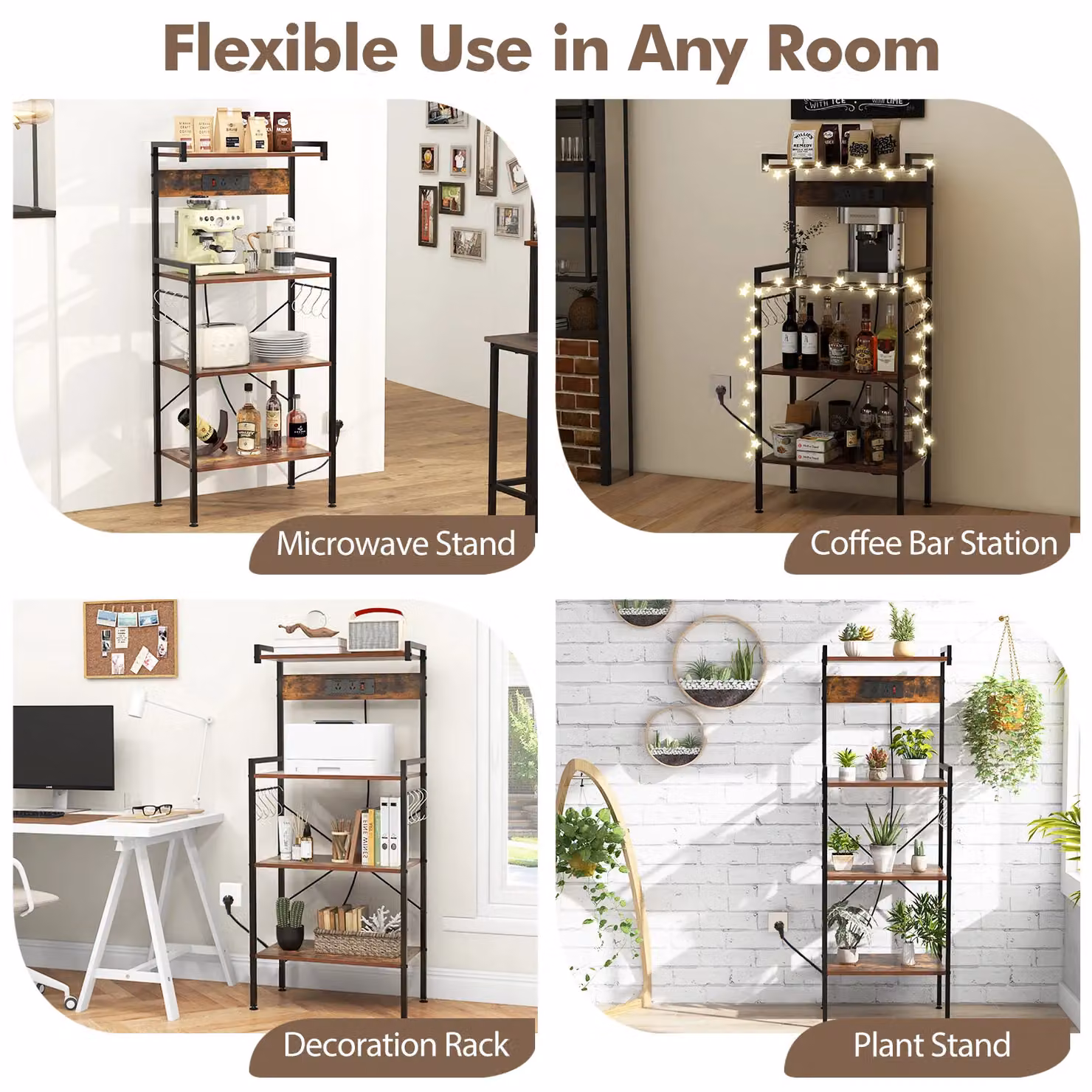 Gymax 4-Tier Bakers Rack and Microwave Stand with Power Outlet in Brown – 6
