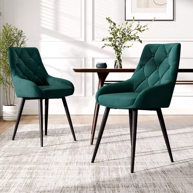 Komore Set of 2 Modern Green Velvet Geometric Dining Chairs with Black Metal Upholstered Frame