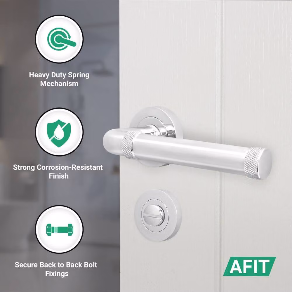 AFIT Polished Chrome Bathroom Door Handle Set with Lock and Hinges in Silver – 2