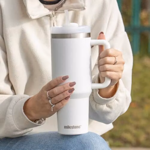 Milestone Camping 40oz Milestone Travel Mug Tumbler with Straw, Handle and Lid in White – 3