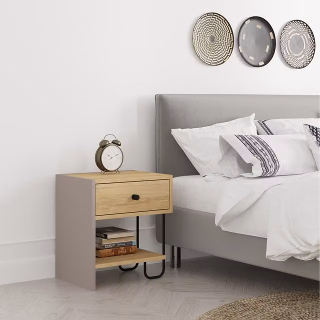 Decortie Sirius Modern Bedside Table with Soft Close Drawer in Oak and Mocha Grey, W/D/H: 45 x 34.5 x 50 cm