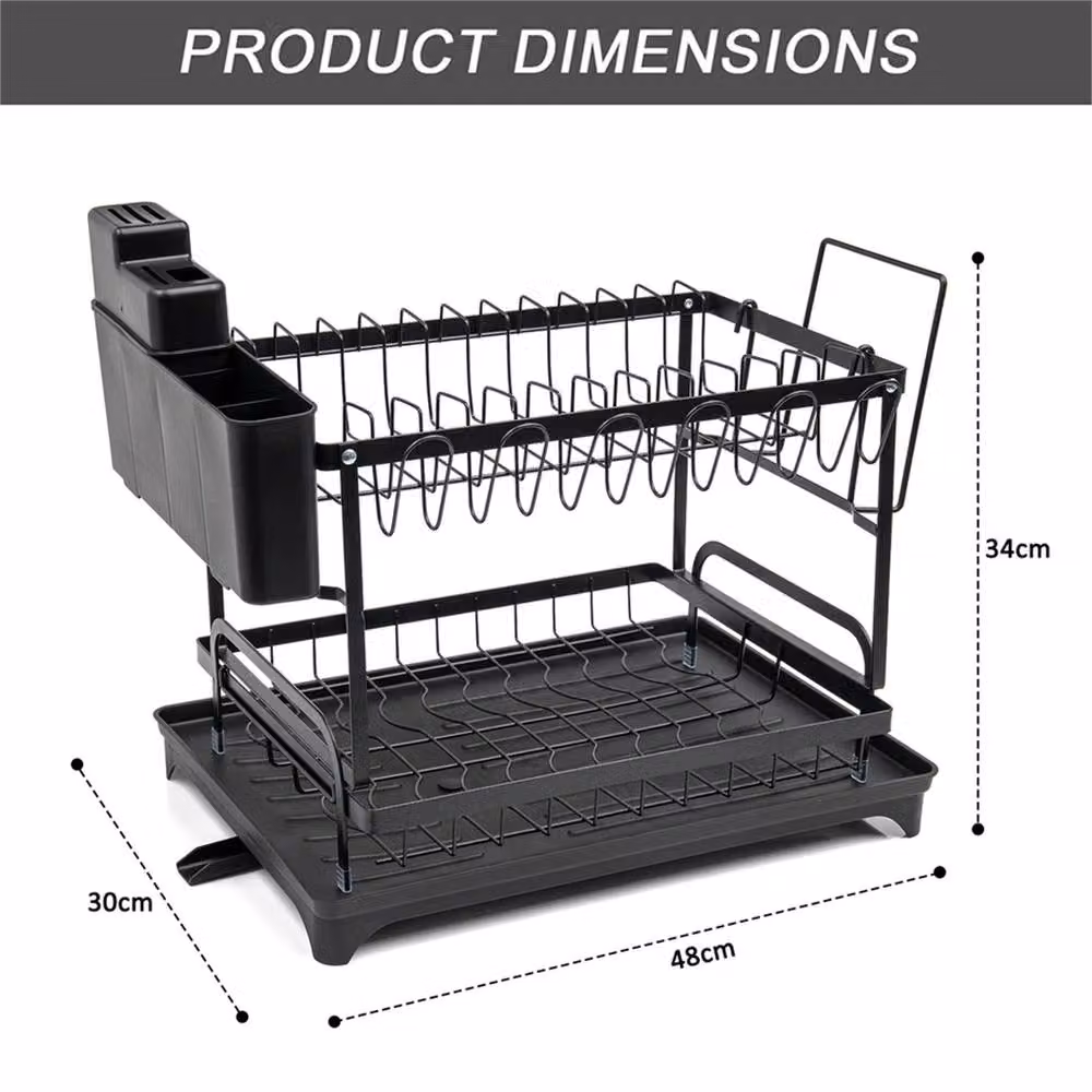 Nordara 2 Tier Black Metal Dish Drainer Rack with Cutlery Holder – 2