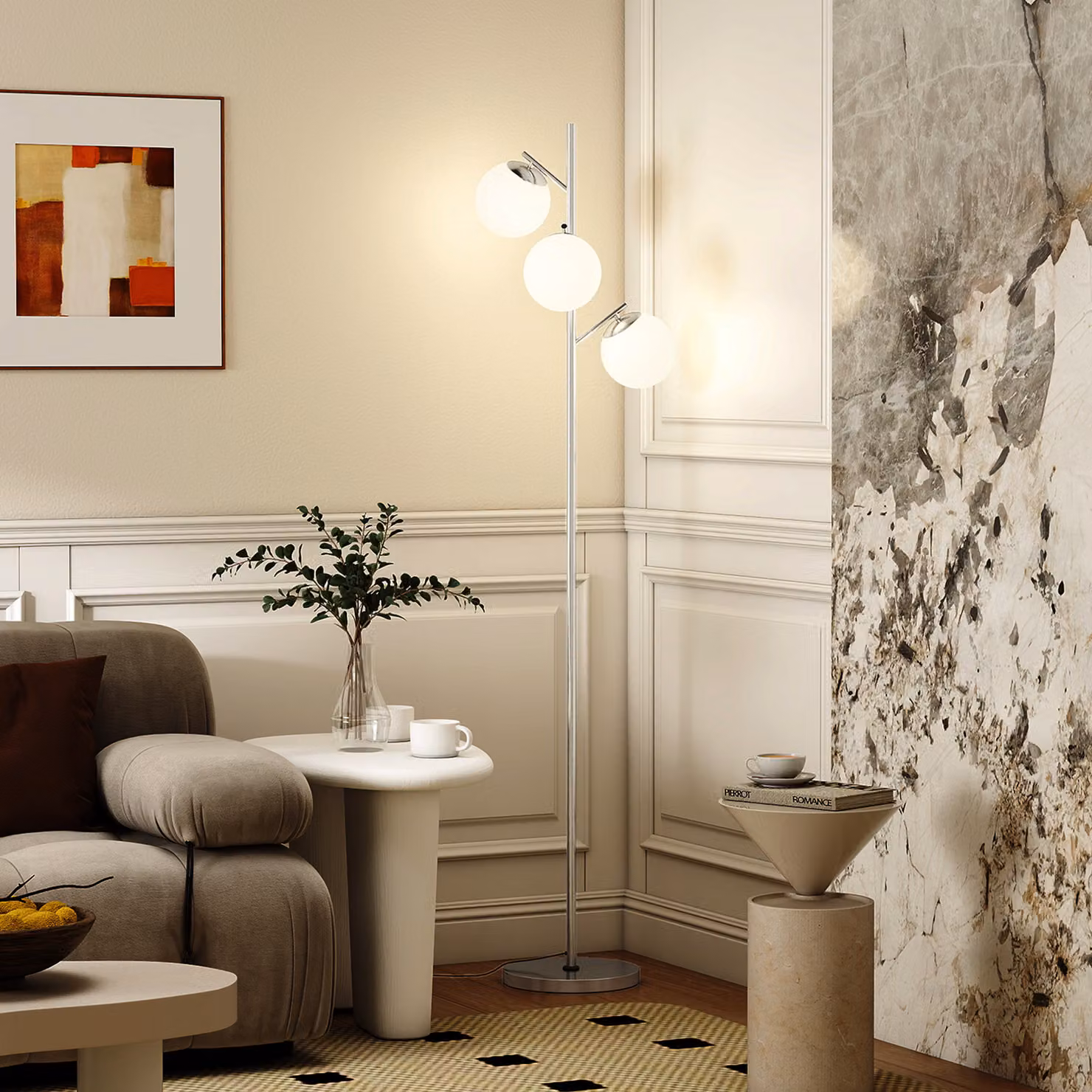 HOMCOM Modern 3-Light Tree Floor Lamp with Silver Metal Base and White Glass Globe Shades – 2