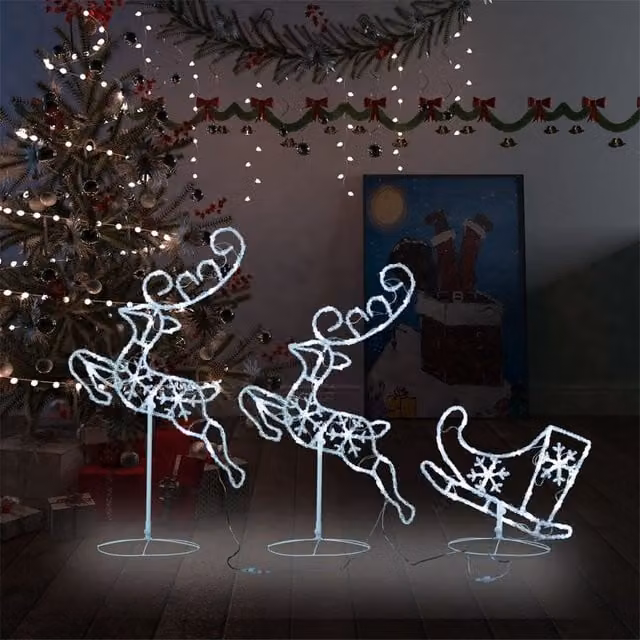 Berkfield Home Acrylic Christmas Flying Reindeer and Sleigh with LED Lights in Cold White, W/D/H: 260 x 21 x 87 cm