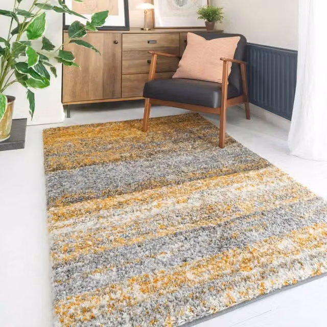 Kukoon Soft Shaggy Rug, Yellow Striped Deep Pile Fluffy Bedroom Carpet, W/D/H: 120 x 170 cm