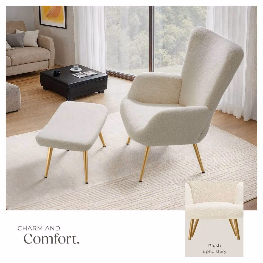 tectake Hygge Armchair with Ottoman in Cream Bouclé with Gold Metal Legs – 6