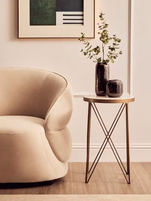 Orsina Round White Marble Side Table with Gold Geometric Metal Legs, W/D/H: 36 x 36 x 58 cm – 1