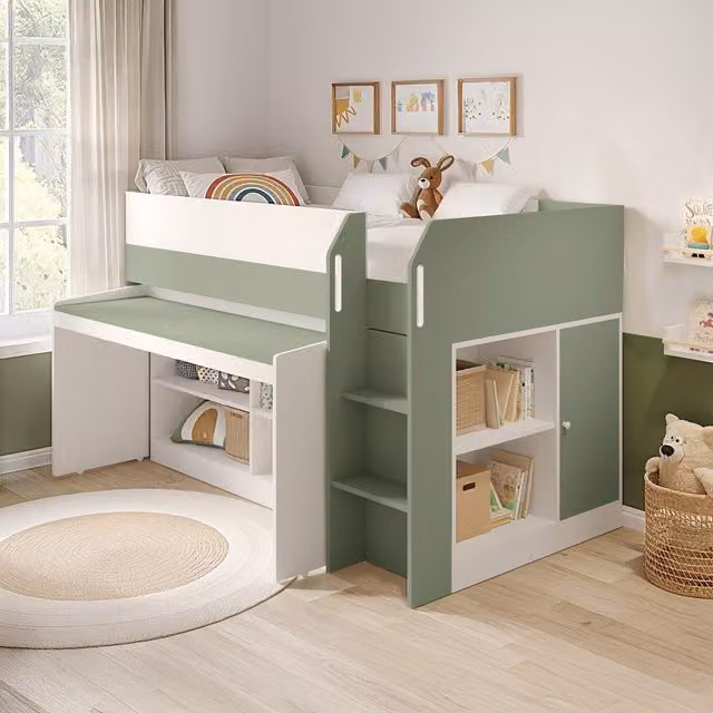 Flair Aiden Cabin Bed Midsleeper in Green with House Frame and Bedside Shelf