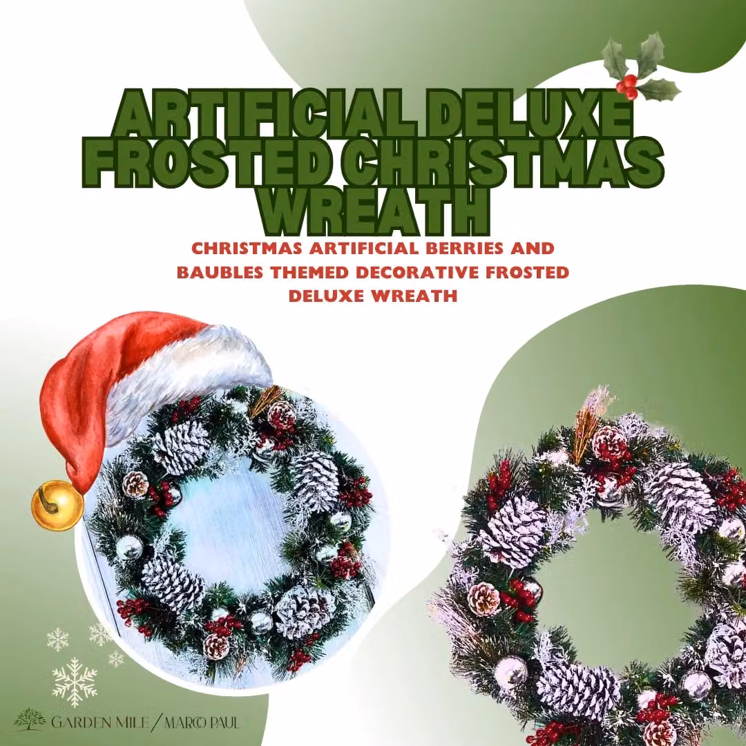 Marco Paul Snow Dusted Christmas Door Wreath Garland with Pinecones, Berries and Red Baubles – 4