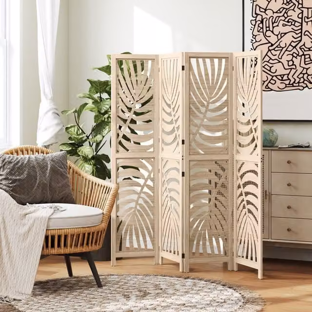 HOMCOM 3 Panel Detachable Floral Privacy Room Divider in Boho Style, Brown, Yellow and Beige
