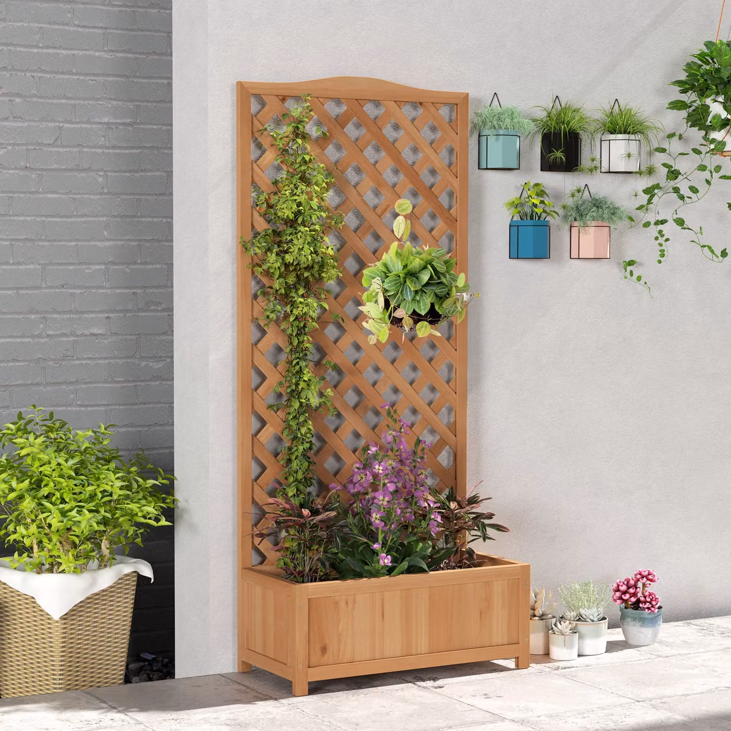 Outsunny Brown Wooden Garden Planter Box with Trellis and Lattice Support, W: 76 cm, D: 36 cm, H: 170 cm – 2