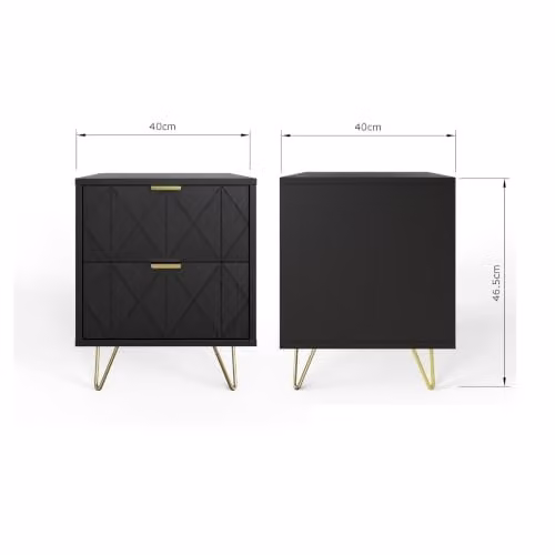 GFW Alora Modern Bedside Table with 2 Drawers, Geometric Diamond Fronts, Gold Handles and Black Hairpin Legs, W: 40.0 cm, D: 40.0 cm, H: 46.5 cm – 2
